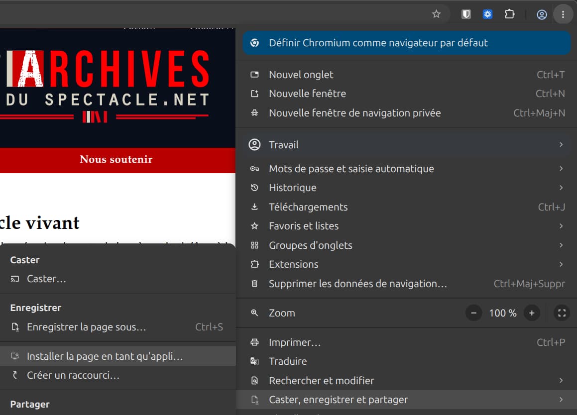Option de menu « Installer la page en tant qu’appli » dans Chrome/Chromium