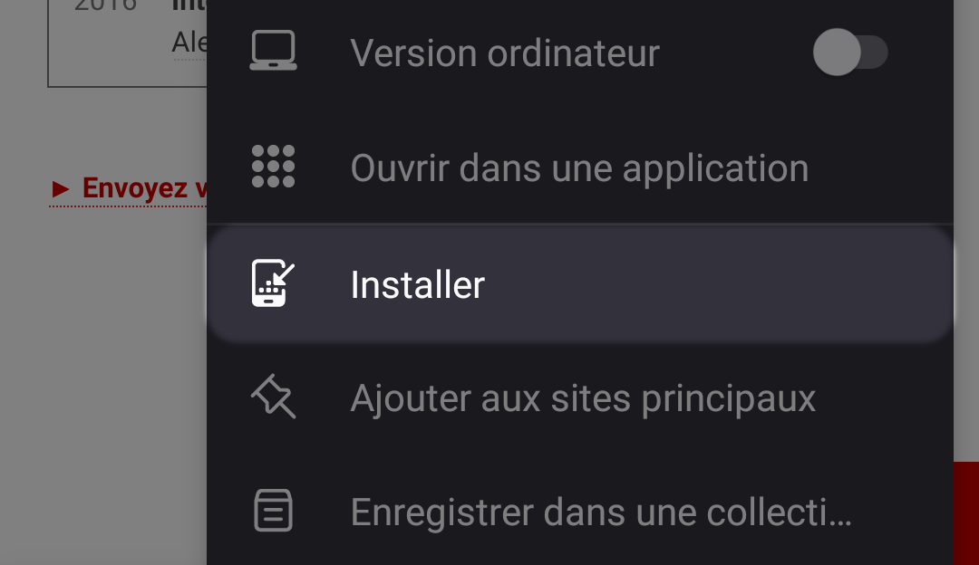 Option de menu « Installer l’application » dans Firefox sur mobile